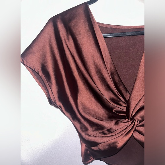 Satin/Silk Brown tie front crop top - Picture 2 of 5